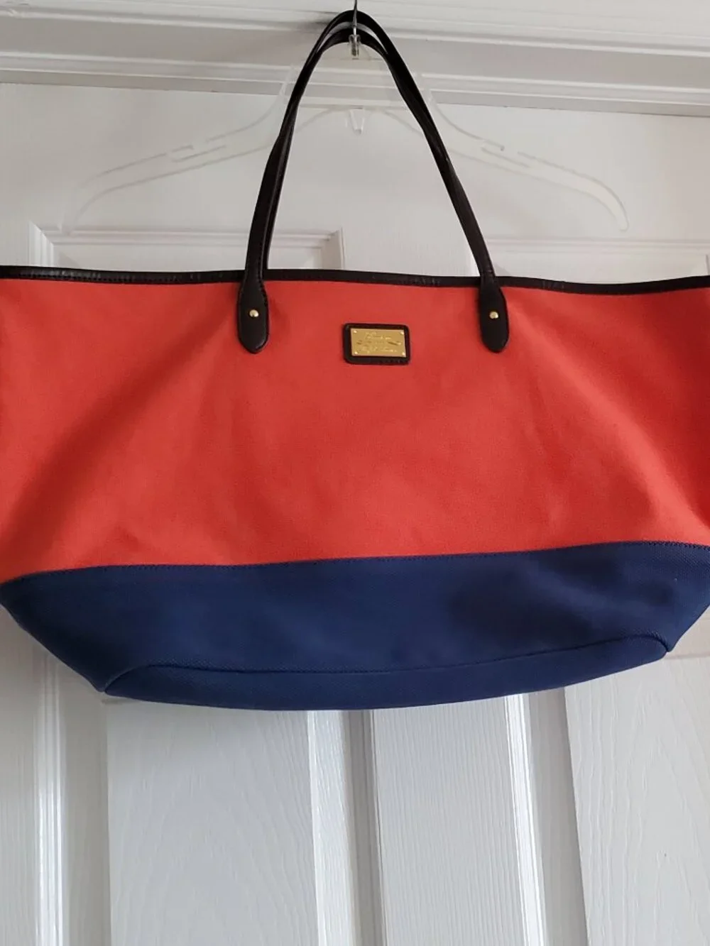 Lauren Ralph Lauren Orange and Blue Fabric Tote Bag Purse